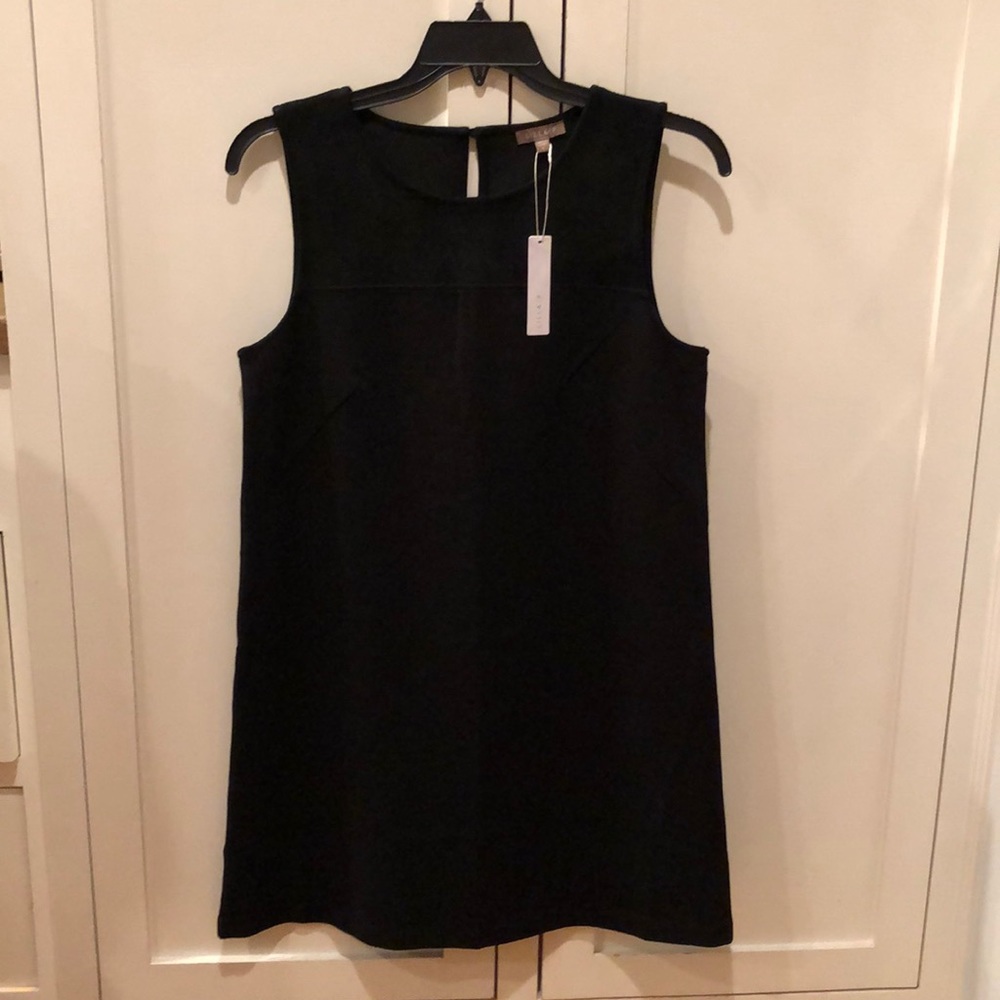 Lilla P shift dress with cutout back & gold button